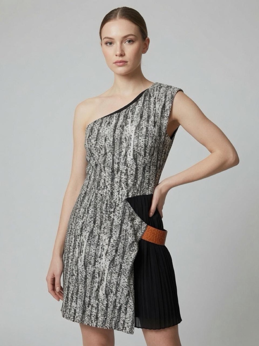 NWT $360 SACHIN + Babi SIZE 12 One-Shoulder Black and Gray Textured Mini Dress